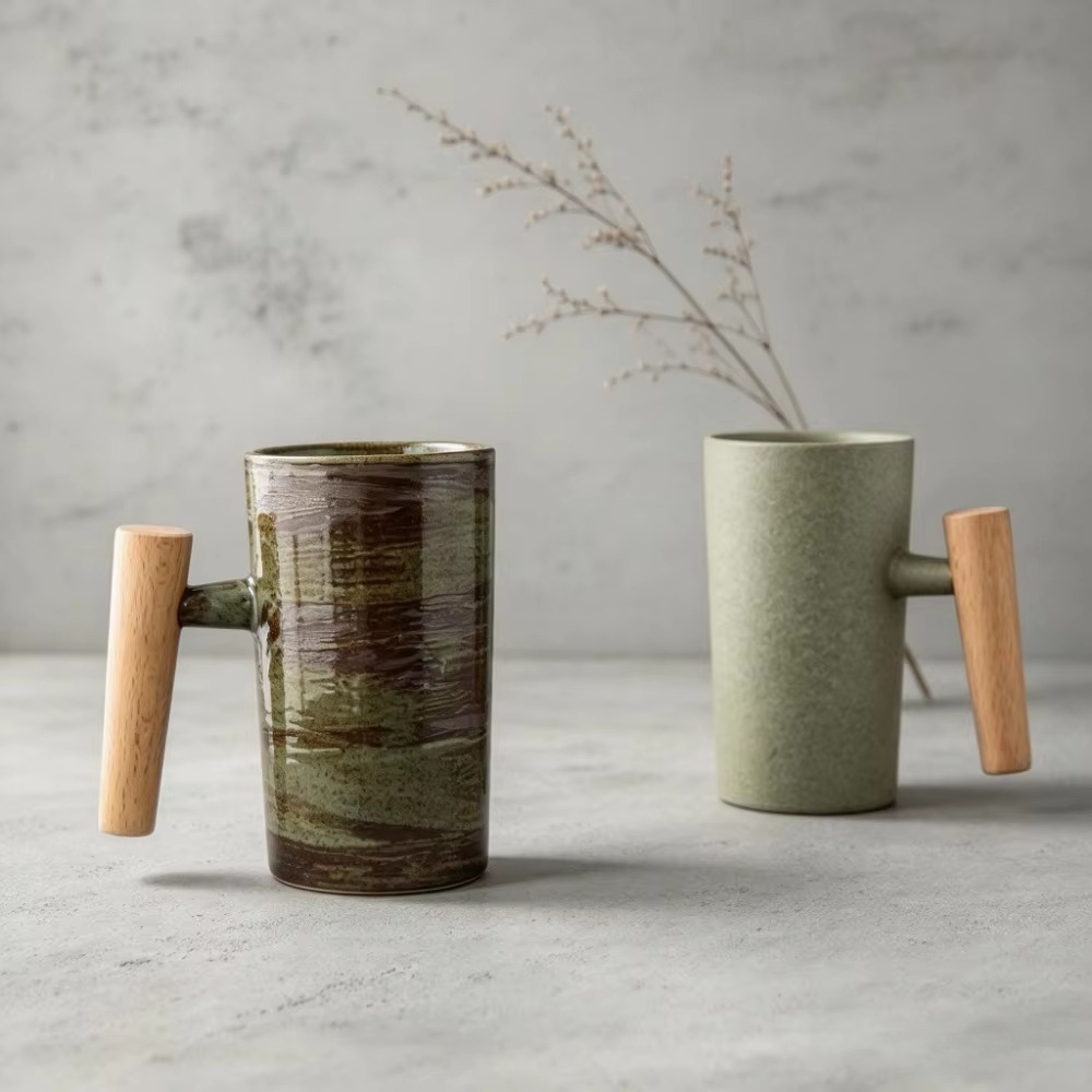 Japanese Pottery - 日本のデザインにインスパイアされた陶器製のコーヒーマグ。木製の取っ手が付いたレトロ調のカップ。手作りの陶器で、お茶や飲み物を入れるのに最適。ご自宅での使用やギフトにも。