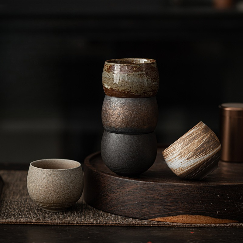 Japanese Pottery - カンフー茶器セット、日本の石器製茶碗、古風なデザインの茶碗、80ml、手作りのコーヒーマグ、家庭用テーブル装飾、工芸品、ギフト。