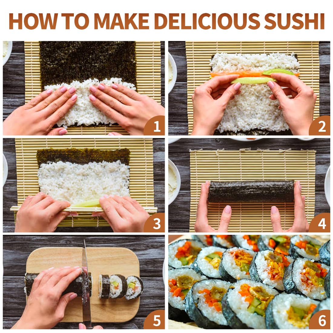 さまざまなスタイルの竹製寿司マット、バズーカ箸、寿司型、竹製 - Sushi Making Kit のレビューと価格